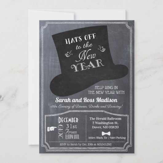 Silvester Top Hat Chalk Einladung (Vorderseite)