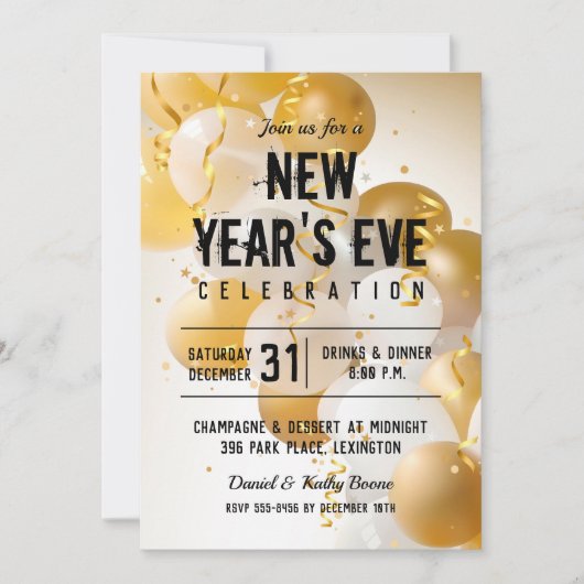 Silvesterabend mit Gold und Weißballons Einladung (Vorderseite)