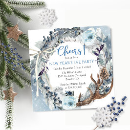 Silvesterabend Party, Cheers, Blue Wreath Glitzern Einladung