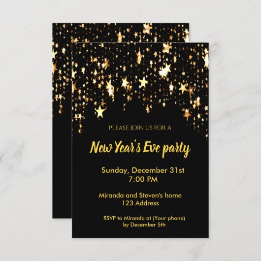 Silvesterabend Party schwarze Einladungskartenstar Einladung (Vorne/Hinten)