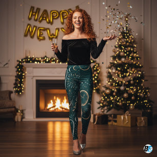 Silvesterfeier Dunkel Türkis & Gold Uhr  Leggings
