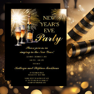 Silvesterparty Champagner Feuerwerk Schwarz Gold Folieneinladung