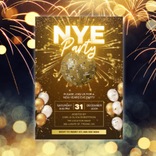 Silvesterparty Gold Disco Ball Glitter Einladung