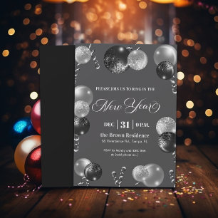 Silvesterparty mit schwarzem und silbernem Glitter Einladung