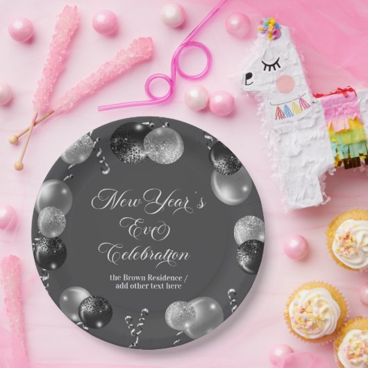 Silvesterparty mit schwarzem und silbernem Glitter Pappteller (Party)