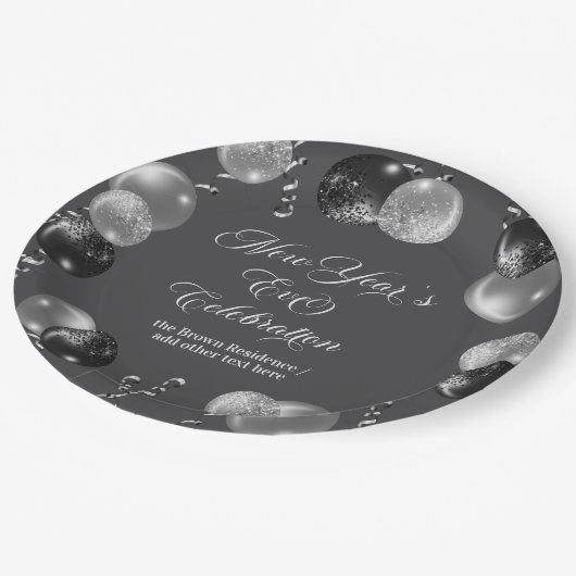 Silvesterparty mit schwarzem und silbernem Glitter Pappteller (Schrägansicht)