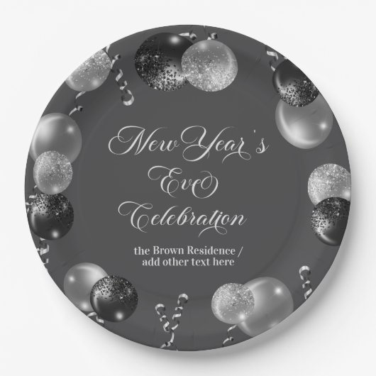 Silvesterparty mit schwarzem und silbernem Glitter Pappteller (Vorderseite)