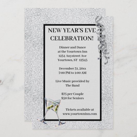 Silvesterparty mit Silberglitter Einladung (Vorne/Hinten)
