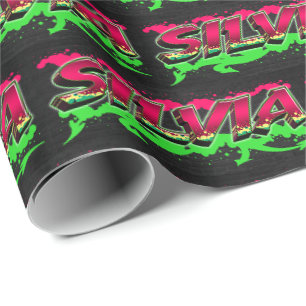 Silvia Vorname Name Graffiti red green Geschenkpapier