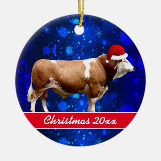 Simmental Bull and Weihnachtsmannmütze Keramik Orn Keramik Ornament (Vorne)