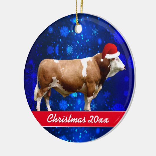 Simmental Bull and Weihnachtsmannmütze Keramik Orn Keramik Ornament (Links)