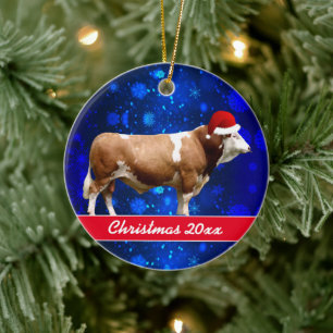 Simmental Bull and Weihnachtsmannmütze Keramik Orn Ornament