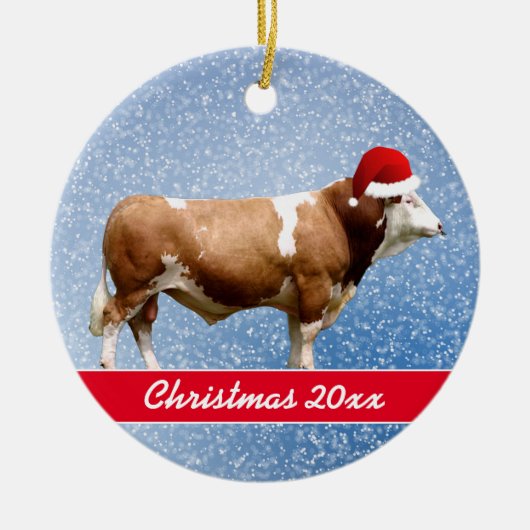 Simmental Bull and Weihnachtsmannmütze Keramik Orn Ornament (Vorne)