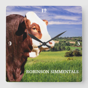 Simmental Bull in Pasture Quadratische Wanduhr