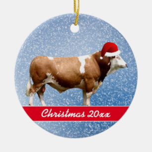 Simmental Bull und Santa    HatKeramik Keramik Ornament