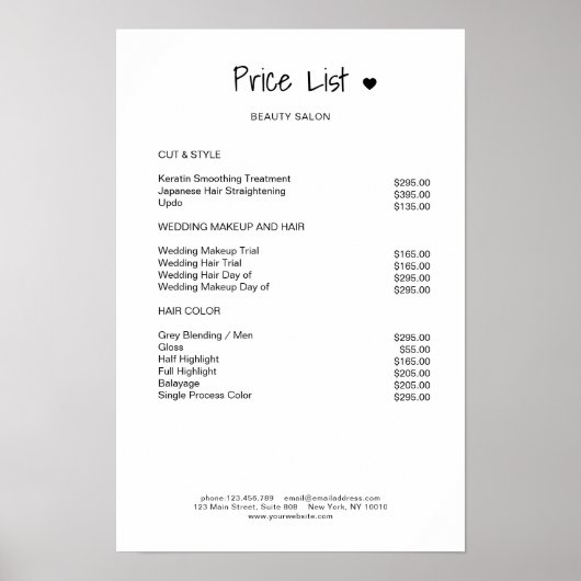 Simpel Black White Price List Poster (Vorne)