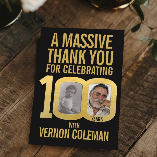 Simple 100th birthday photo black and gold dankeskarte