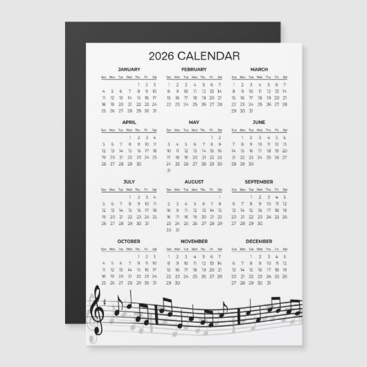 Simple 2026 Calendar with Musical Notes | Magnet (Vorne/Hinten)