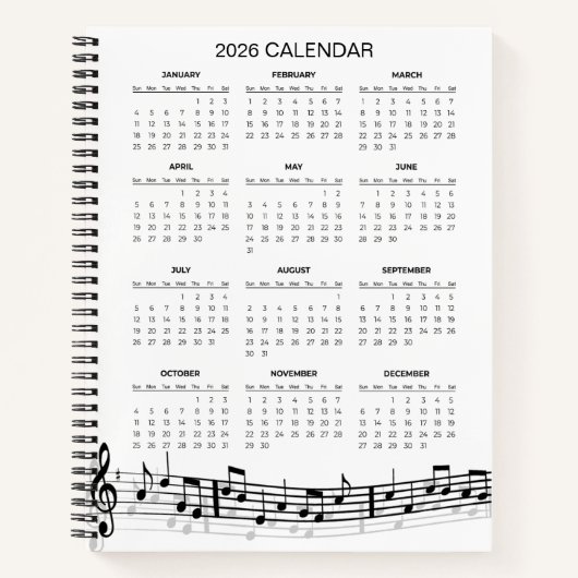 Simple 2026 Calendar with Musical Notes |  Notizblock (Vorderseite)