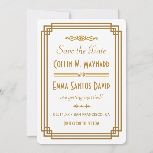 Simple Art Deco White Save the Date (Vorderseite)