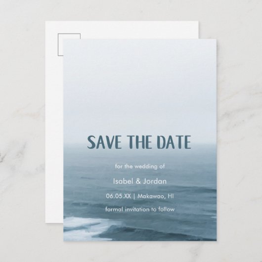 Simple Art Waves Beach Hochzeit Save the Date Ankündigungspostkarte (Vorne/Hinten)
