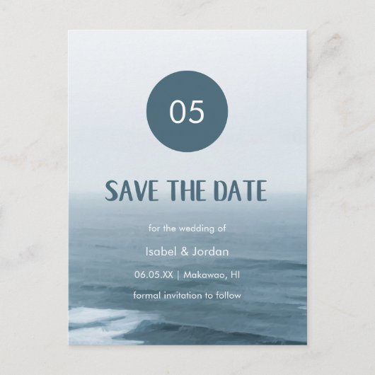 Simple Art Waves Beach Hochzeit Save the Date Ankündigungspostkarte (Vorderseite)