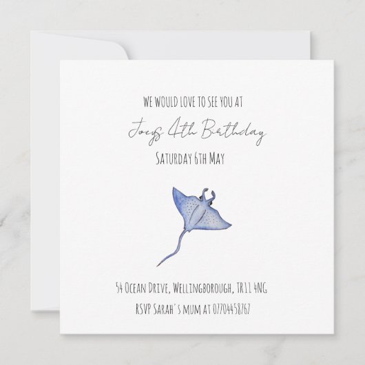 Simple Baby Boy Ocean Geburtstag Manta Ray Einladung (Vorderseite)