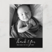 Simple Baby Foto Vielen Dank Script Birth Ankündigungspostkarte (Vorderseite)