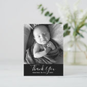 Simple Baby Foto Vielen Dank Script Birth Ankündigungspostkarte (Stehend Vorderseite)