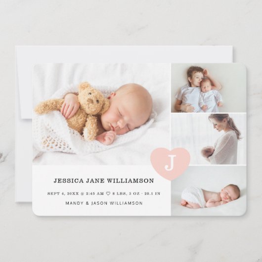 Simple Baby Girl Foto Collage Pink Monogramm Herz Ankündigung (Vorderseite)