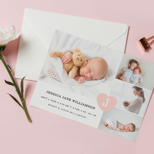 Simple Baby Girl Foto Collage Pink Monogramm Herz Ankündigung