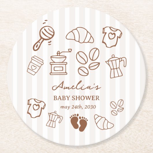 Simple Baby Is Brewing Doodle Coffee Baby Shower Runder Pappuntersetzer (Vorderseite)