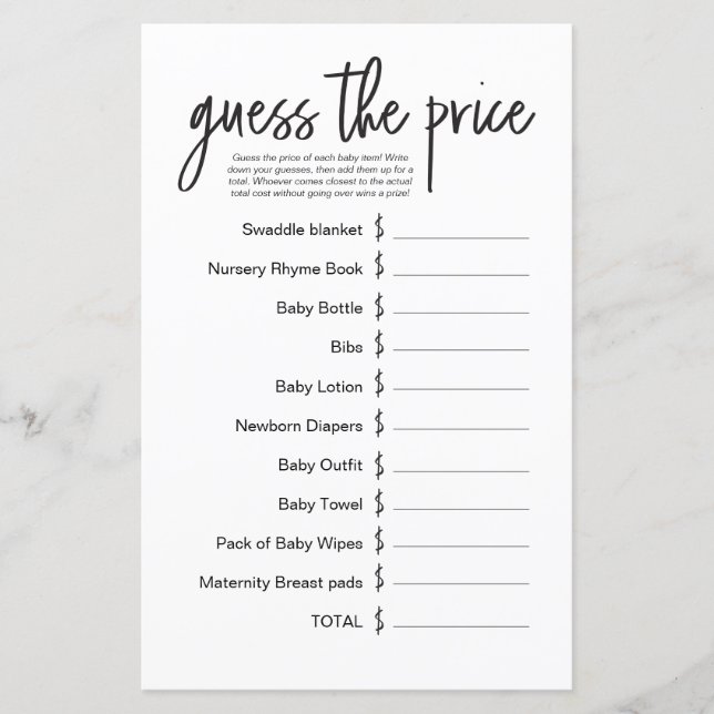 Simple Baby Shower Game Guess the Price  (Vorderseite)