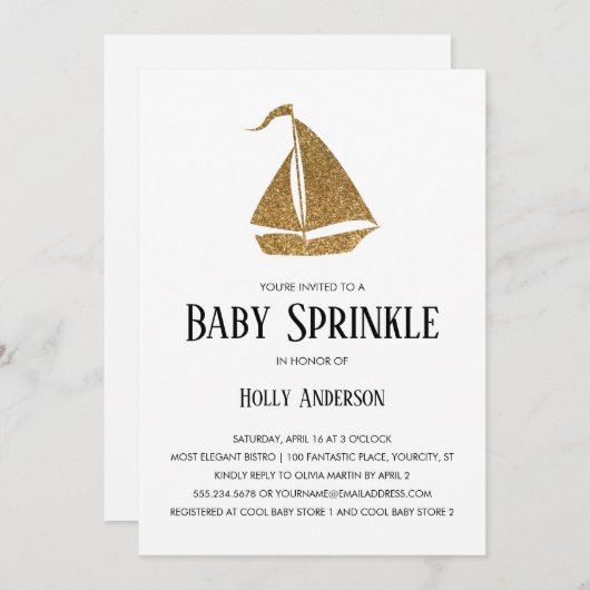 Simple Baby Sprinkle Imitate Gold Glitzer Sailboat Einladung (Vorne/Hinten)