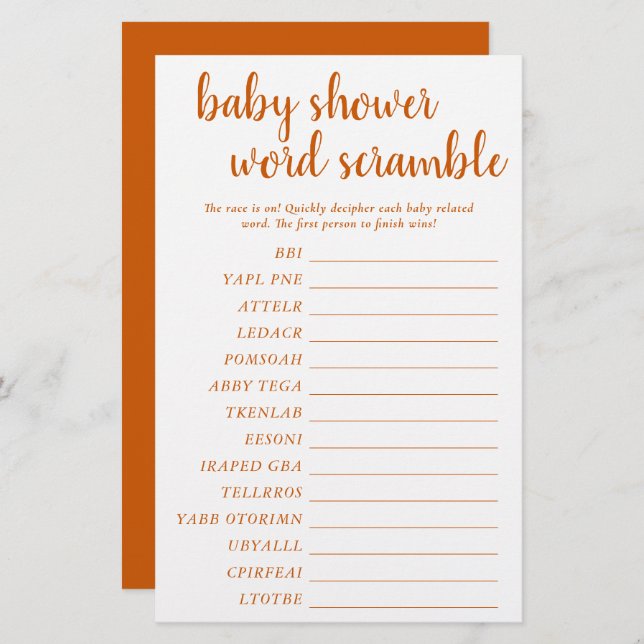 Simple Baby Word Scramble | Fall Orange Game Card (Vorne/Hinten)