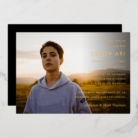 Simple Bar Mitzvah Foto Folieneinladung (Vorderseite/Rückseite)