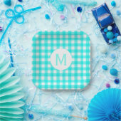 Simple Basic Turquoise Gingham Monogram Pappteller (Party)
