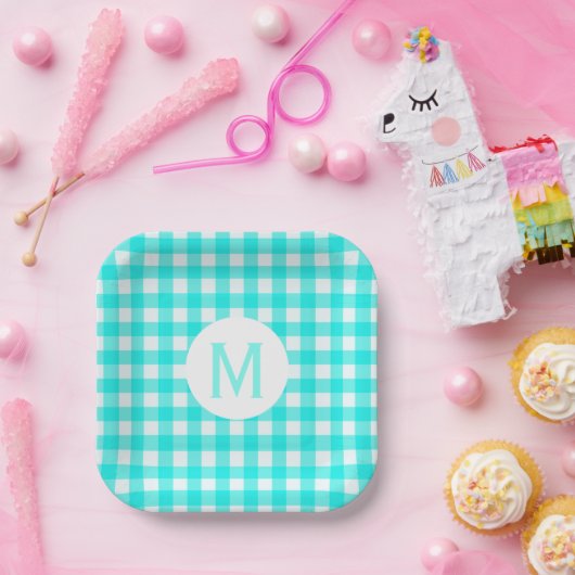 Simple Basic Turquoise Gingham Monogram Pappteller (Party)