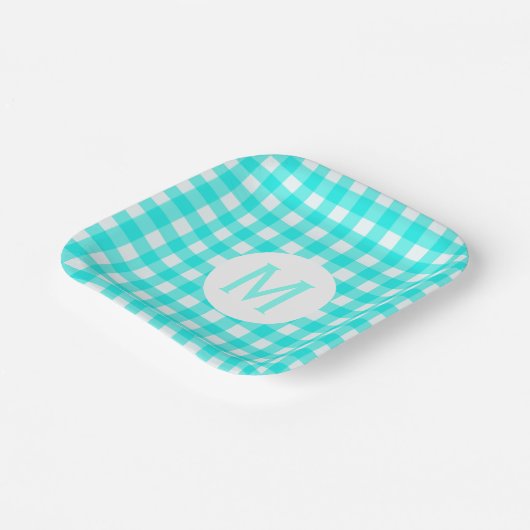 Simple Basic Turquoise Gingham Monogram Pappteller (Gewinkelt)
