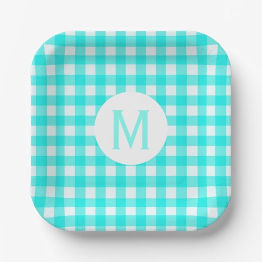 Simple Basic Turquoise Gingham Monogram Pappteller (Vorderseite)