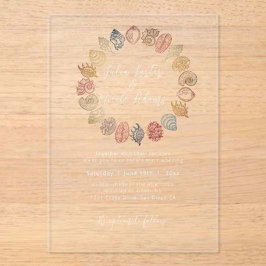 Simple Beach Blue Ocean Seashell Wedding Acryleinladungen (Vorderseite)