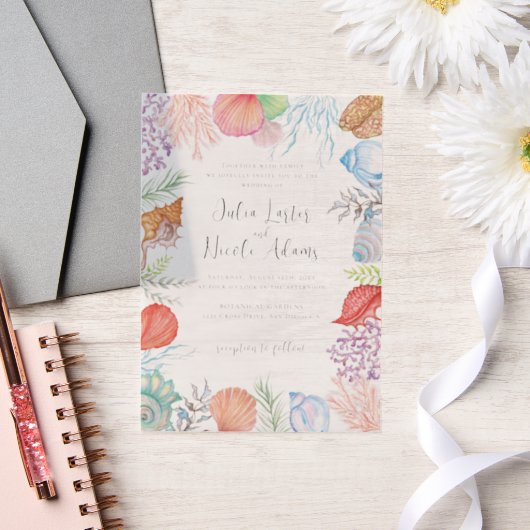 Simple Beach Blue Ocean Seashell Wedding Pergament Einladungen (Hochzeit)