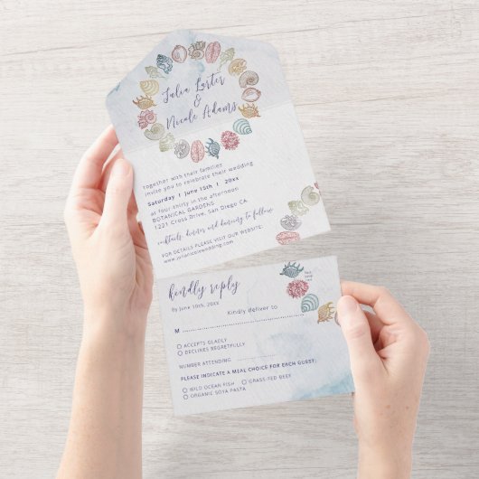 Simple Beach Ocean Seashell Wreath Wedding All In One Einladung (Abreißen)