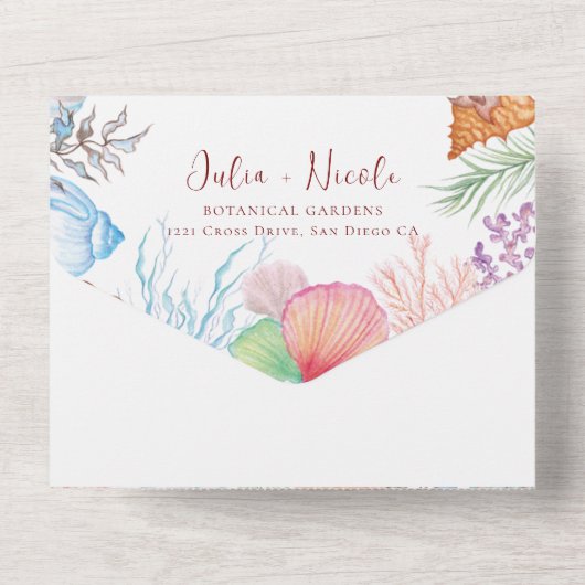 Simple Beach Ocean Seashell Wreath Wedding All In One Einladung (Rückseite)