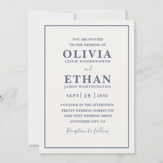 Simple Beige Dusty Blue Minimalist Border Wedding  Einladung (Vorderseite)