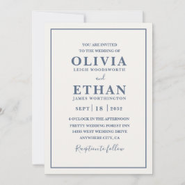 Simple Beige Dusty Blue Minimalist Border Wedding  Einladung