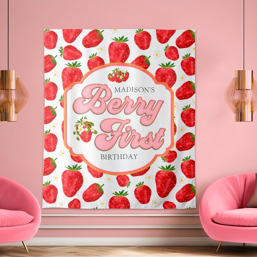 Simple Berry First Strawberry Geburtstag Hintergru Wandteppich