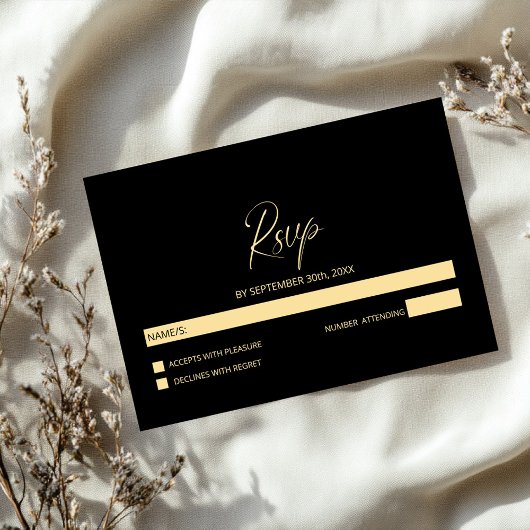 Simple Black and Gold Wedding RSVP Karte