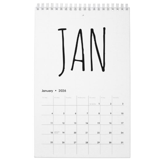 Simple Black and White Script Writing 2026 Kalender (Jan 2026)