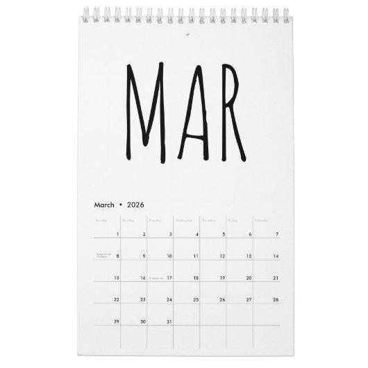 Simple Black and White Script Writing 2026 Kalender (Mär 2026)